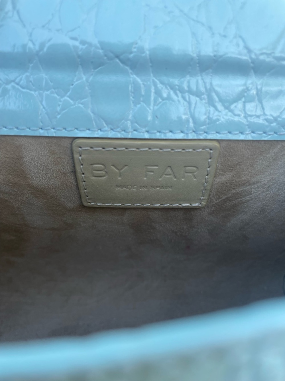 BY FAR Light Blue Croc-Embossed Mini Top-Handle Bag with Crossbody Strap (CdlG) - Picture 10 of 12